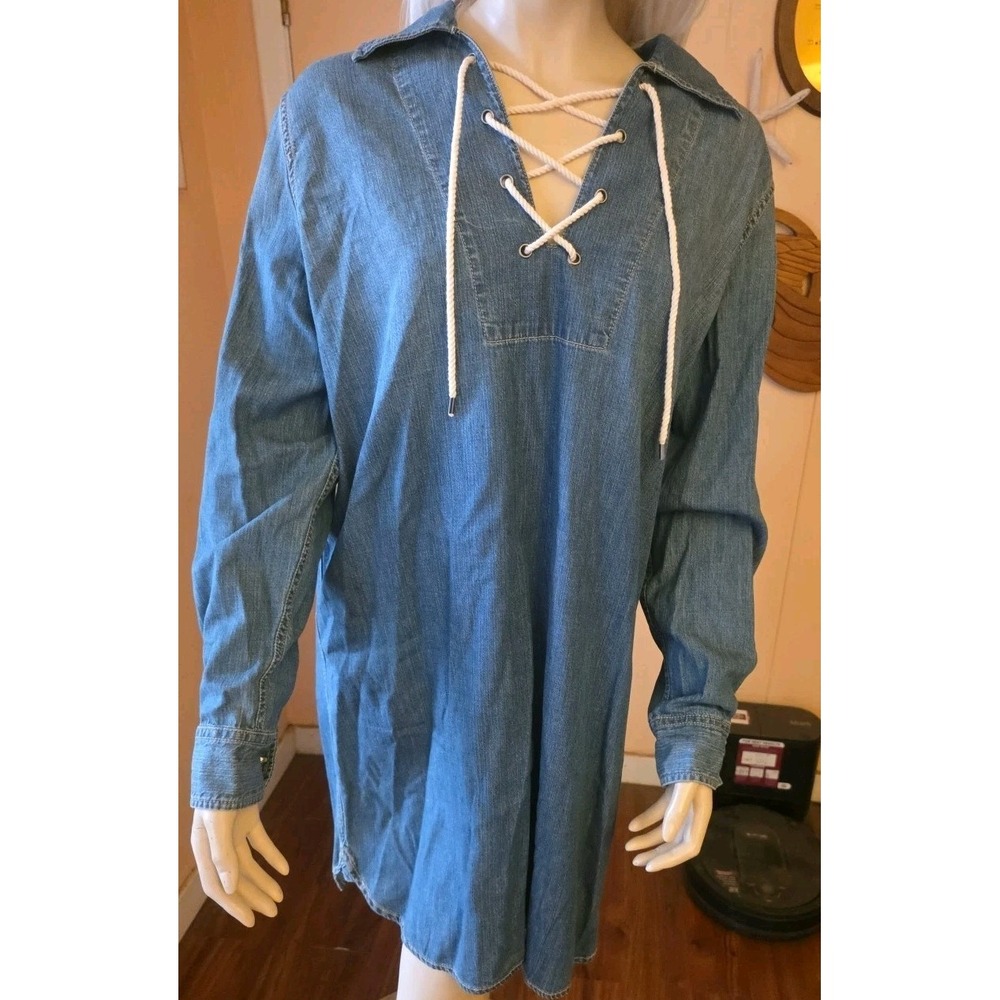 Chaps Denim Shirt Dress Womens L Blue V-Neck Lace-Up Cotton Long Sleeve